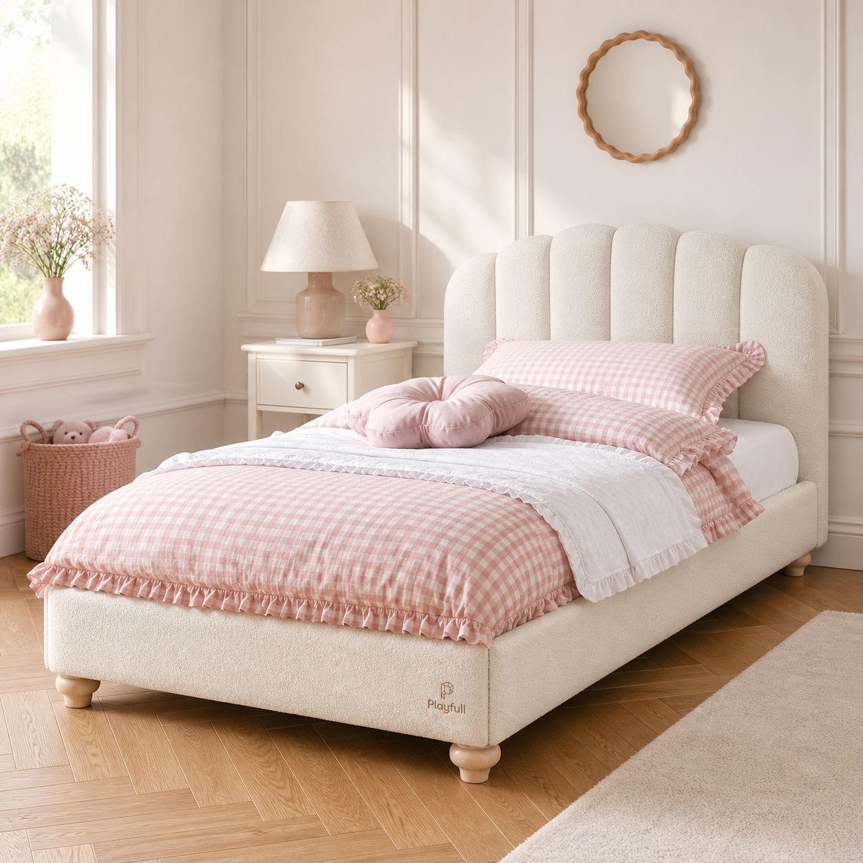 Playfull cream scalloped upholstered kids bed in a soft modern bedroom