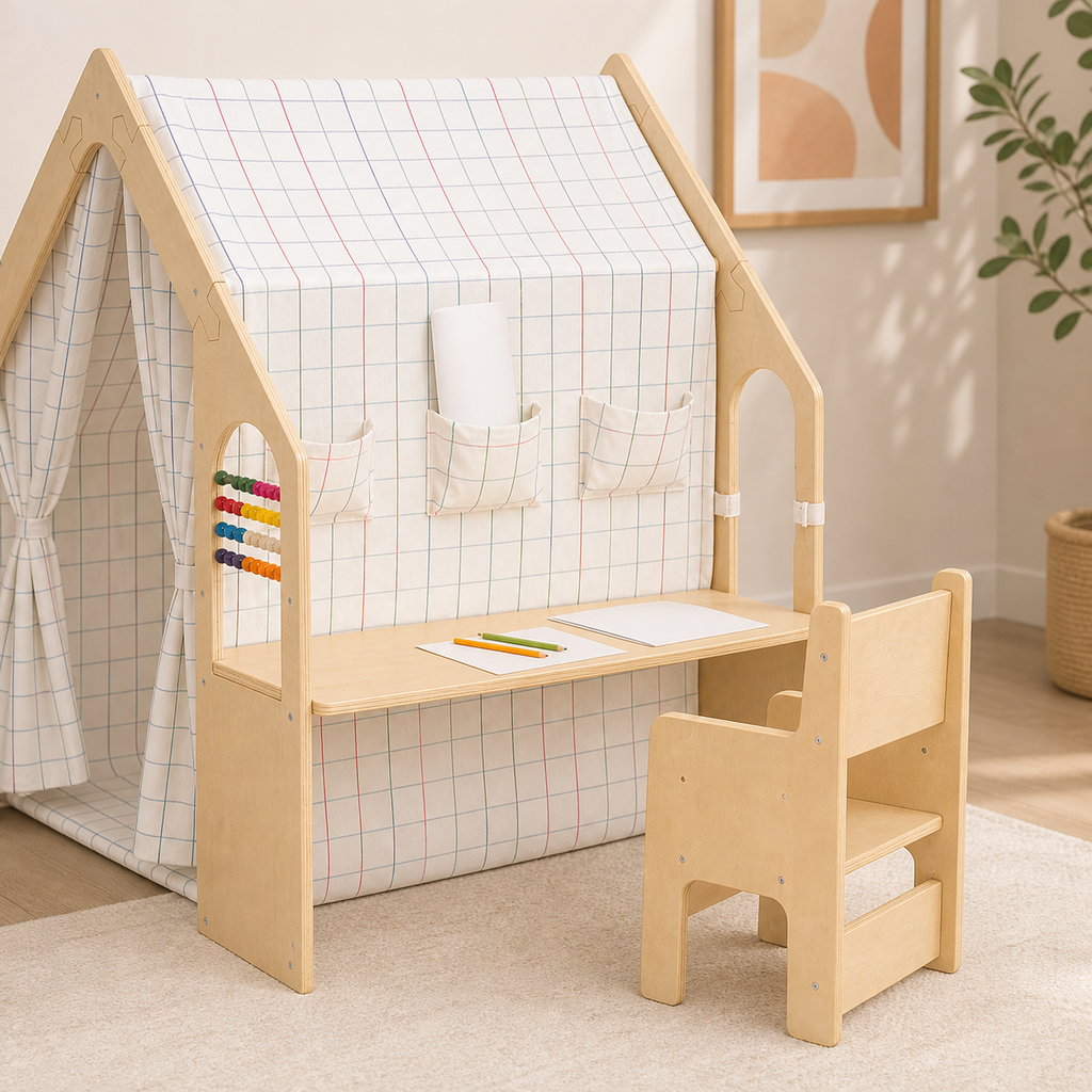 Dream Wooden House integrated desk, wooden chair, storage pockets and abacus