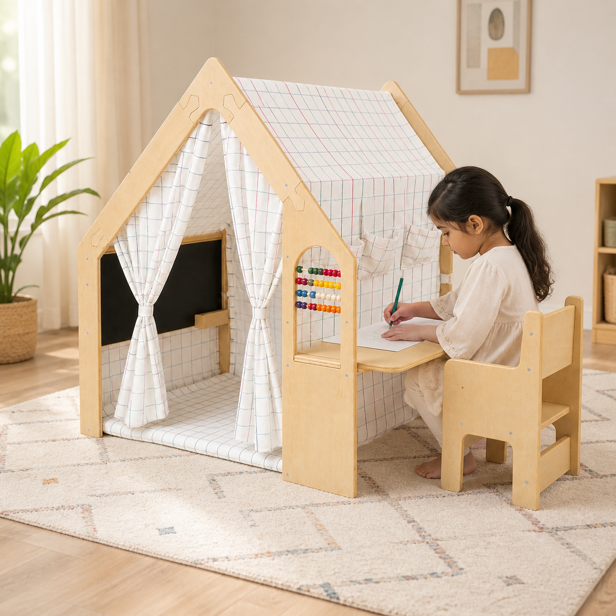 Child drawing at the integrated desk of the Dream Wooden House