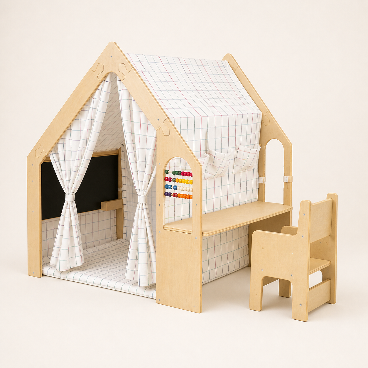 Dream Wooden House indoor playhouse with desk, chair, curtains, blackboard and abacus