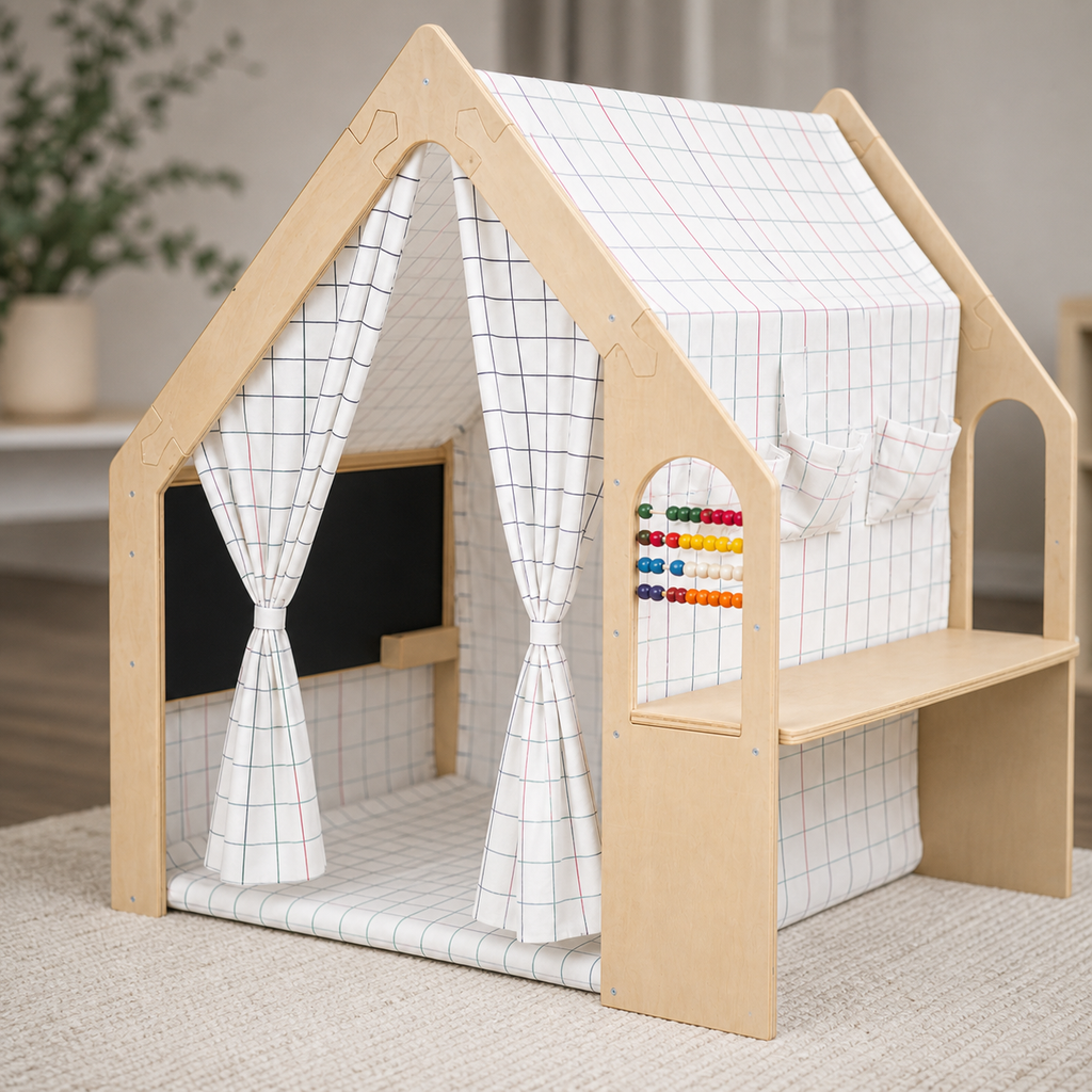 Dream Wooden House interior with tied curtains, cushion and blackboard