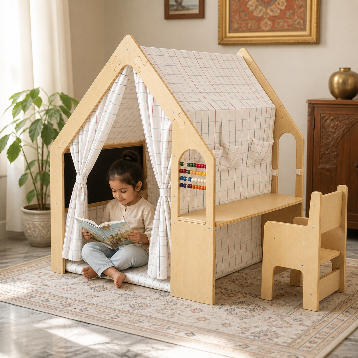 Child reading inside the cushioned Dream Wooden House play nook