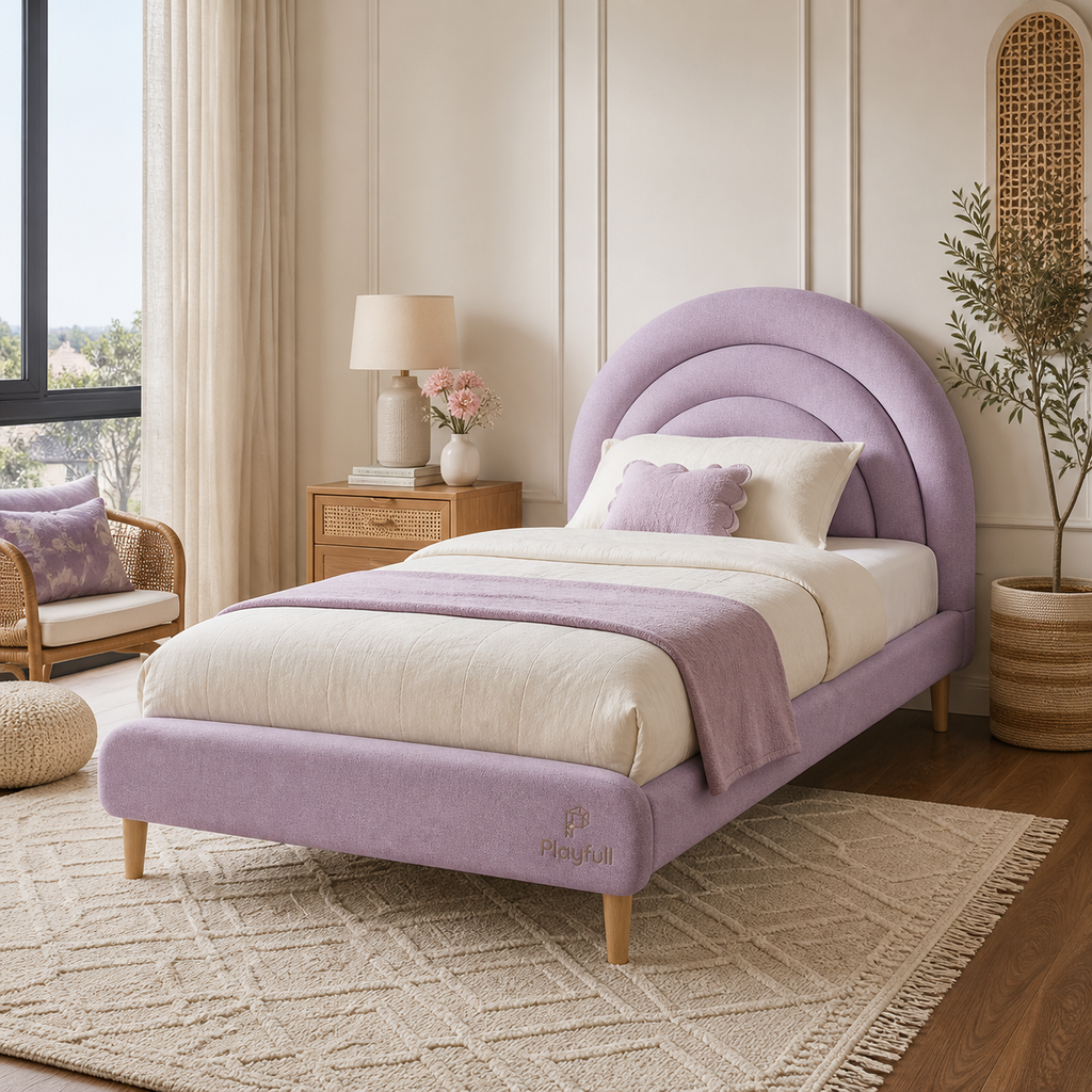 Playfull lilac rainbow upholstered kids bed in a modern Pakistani bedroom