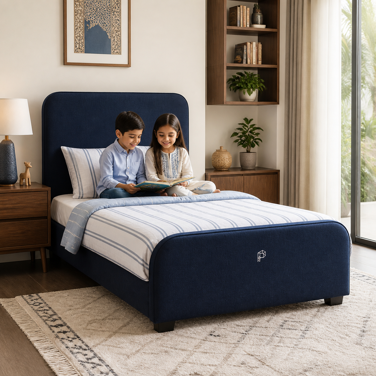 Playfull navy classic kids bed with Pakistani siblings reading