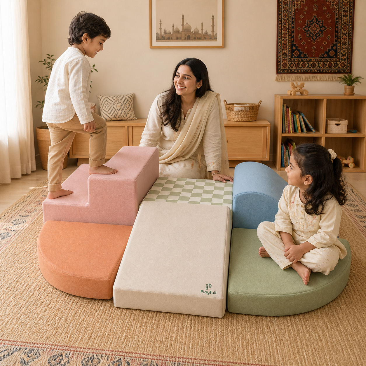 Pakistani children using Playfull 6-piece Morandi soft play set at home