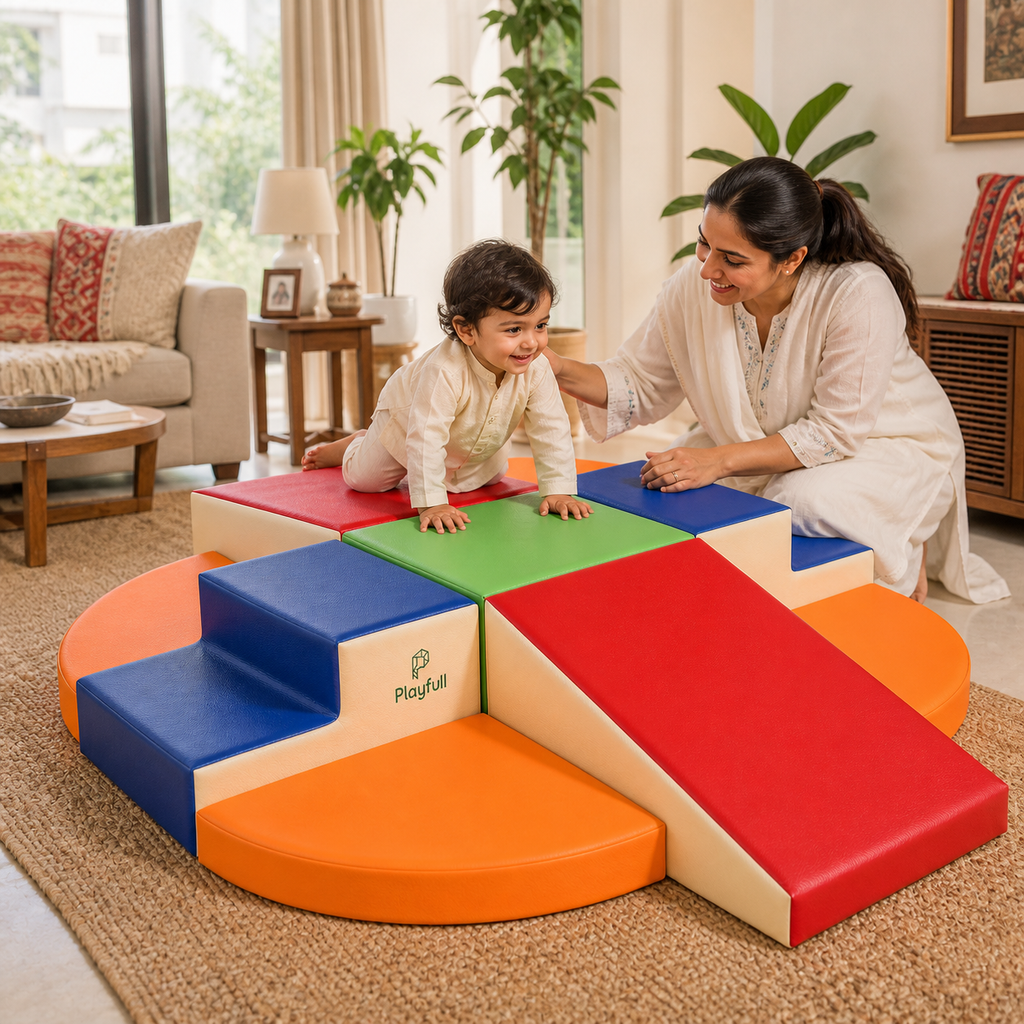 Pakistani child using Playfull 9-piece rainbow soft play set at home