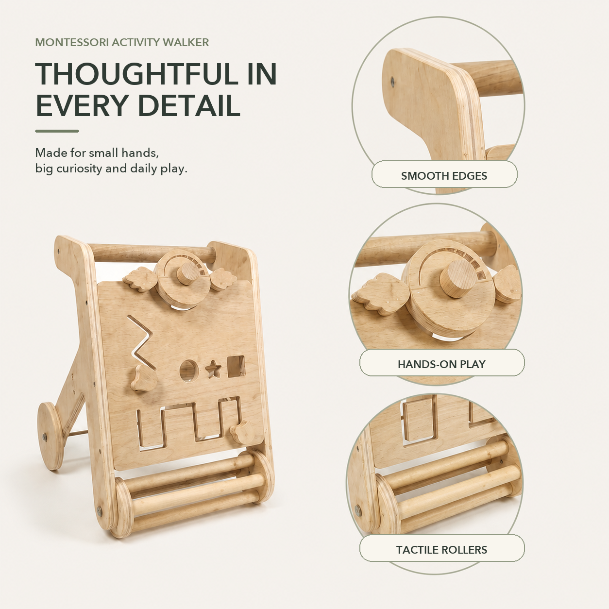 Close-up details of the wooden activity walker, rounded form and tactile rollers