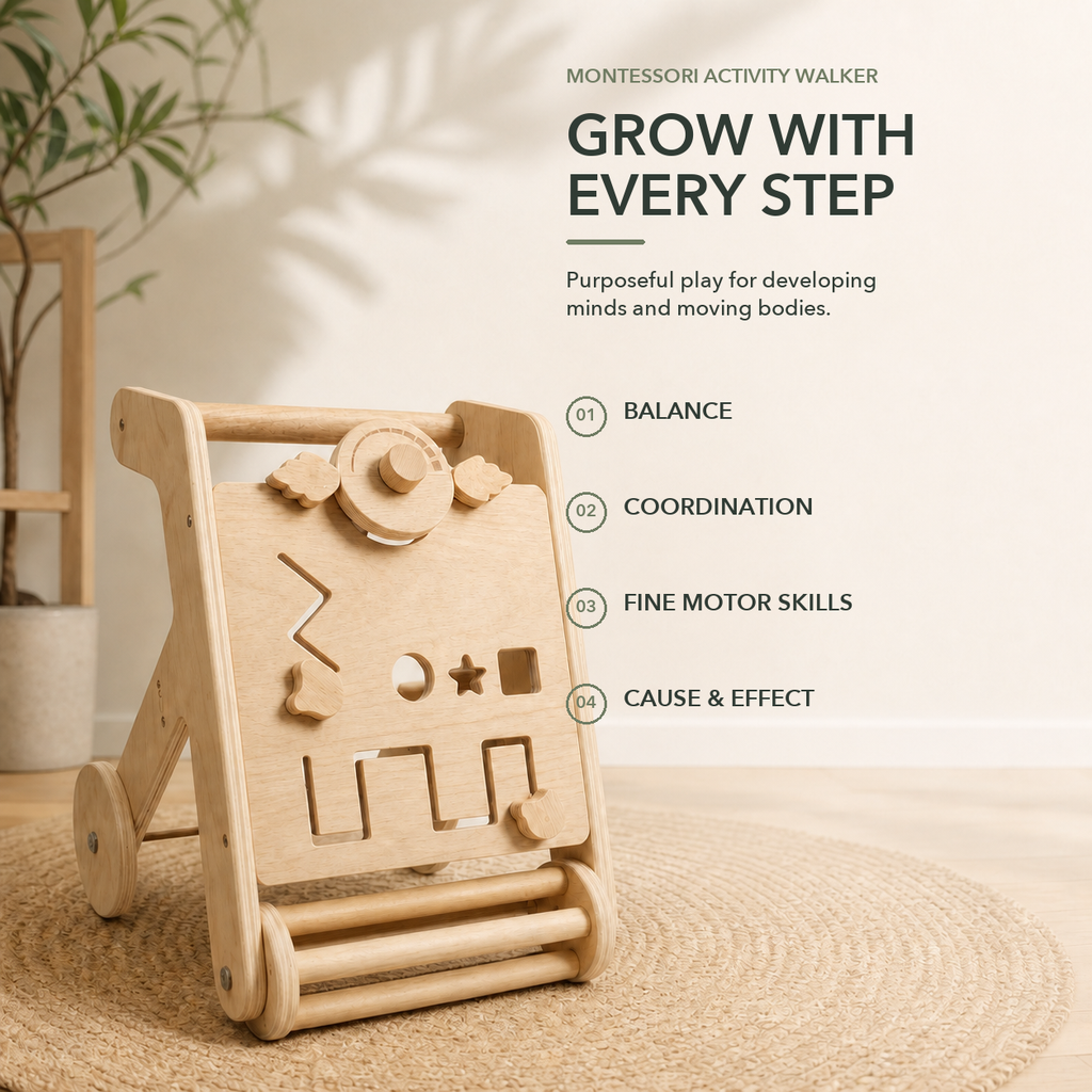 Montessori activity walker supporting balance, coordination and fine motor play