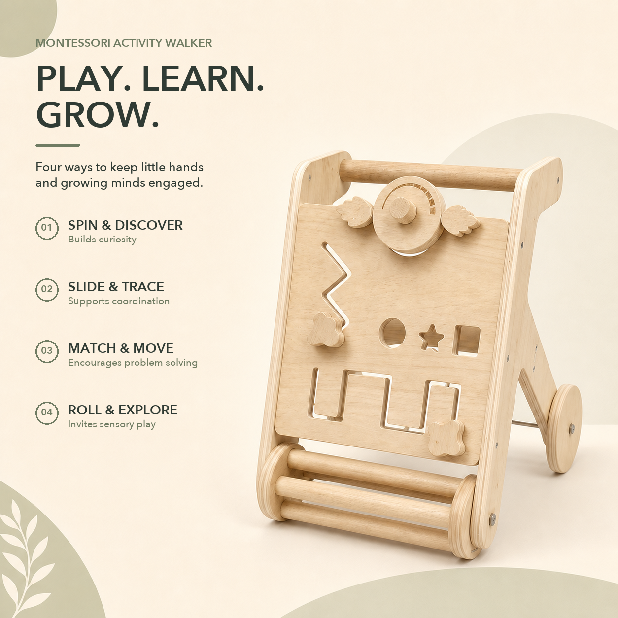 Wooden activity walker features including spinning, tracing, matching and tactile play