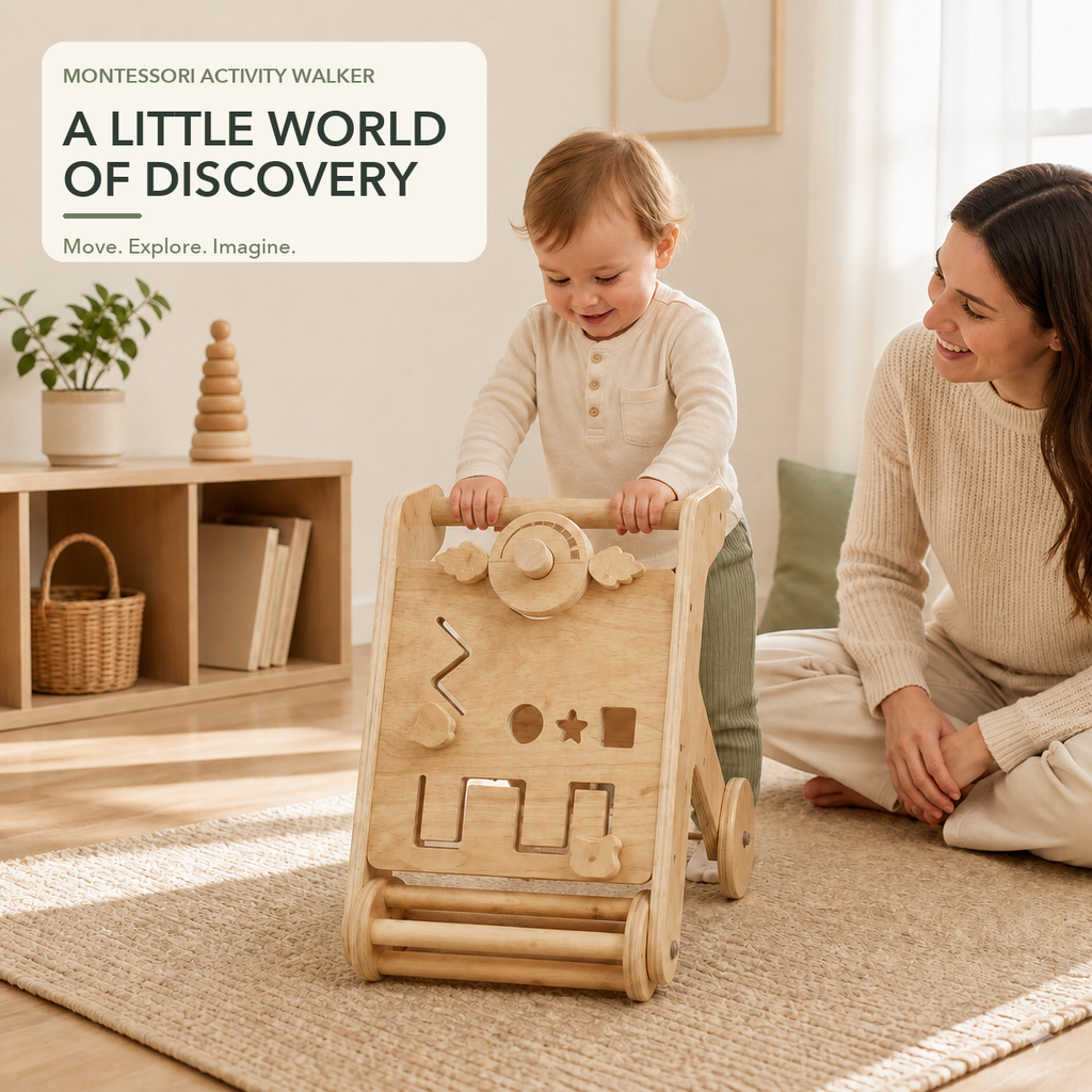 Toddler enjoying the Playfull wooden activity walker with a parent nearby