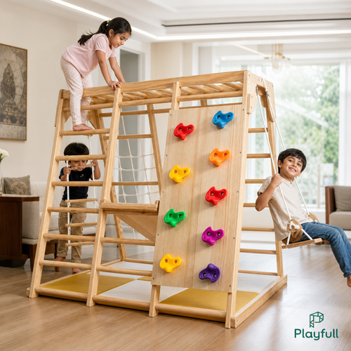 Playfull All-in-One Mongolian Jungle Gym with climbing wall, monkey bars, swing and ladders
