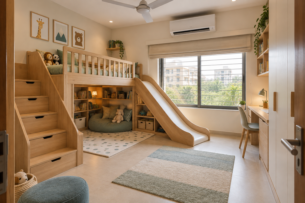 Natural wood custom kids room with loft bed, slide, storage and study desk