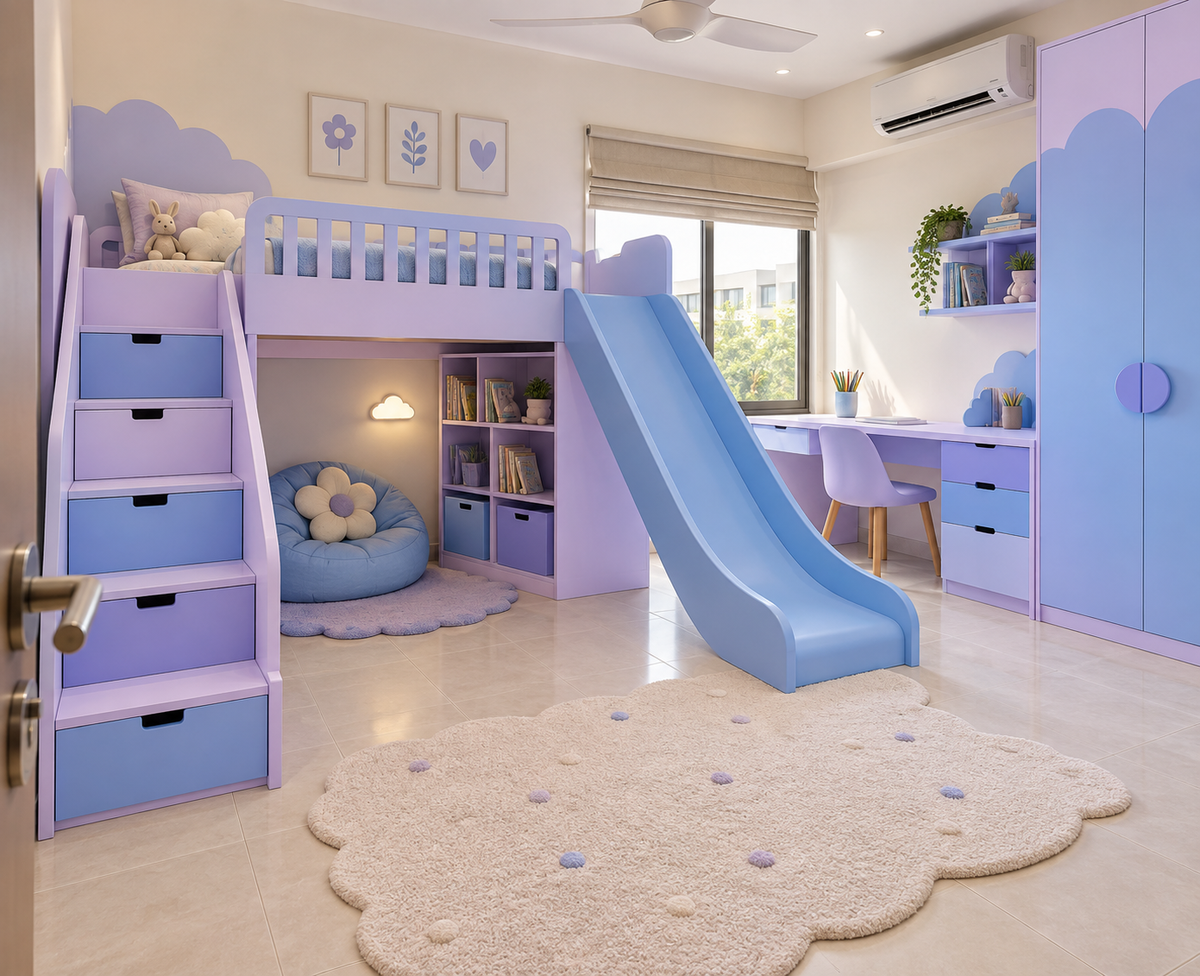 Pastel purple and blue custom kids room with loft bed, slide and study area