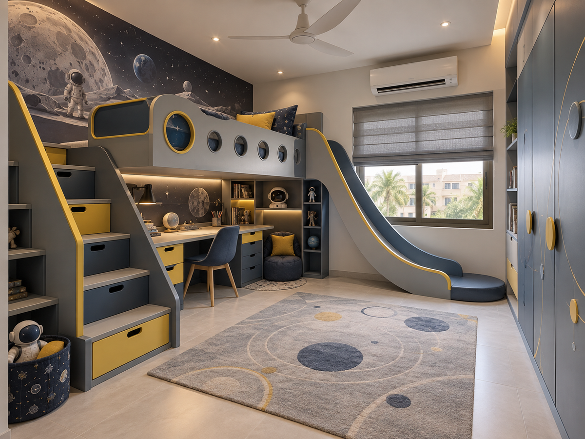Space themed custom kids room with loft bed, slide, desk and built-in storage