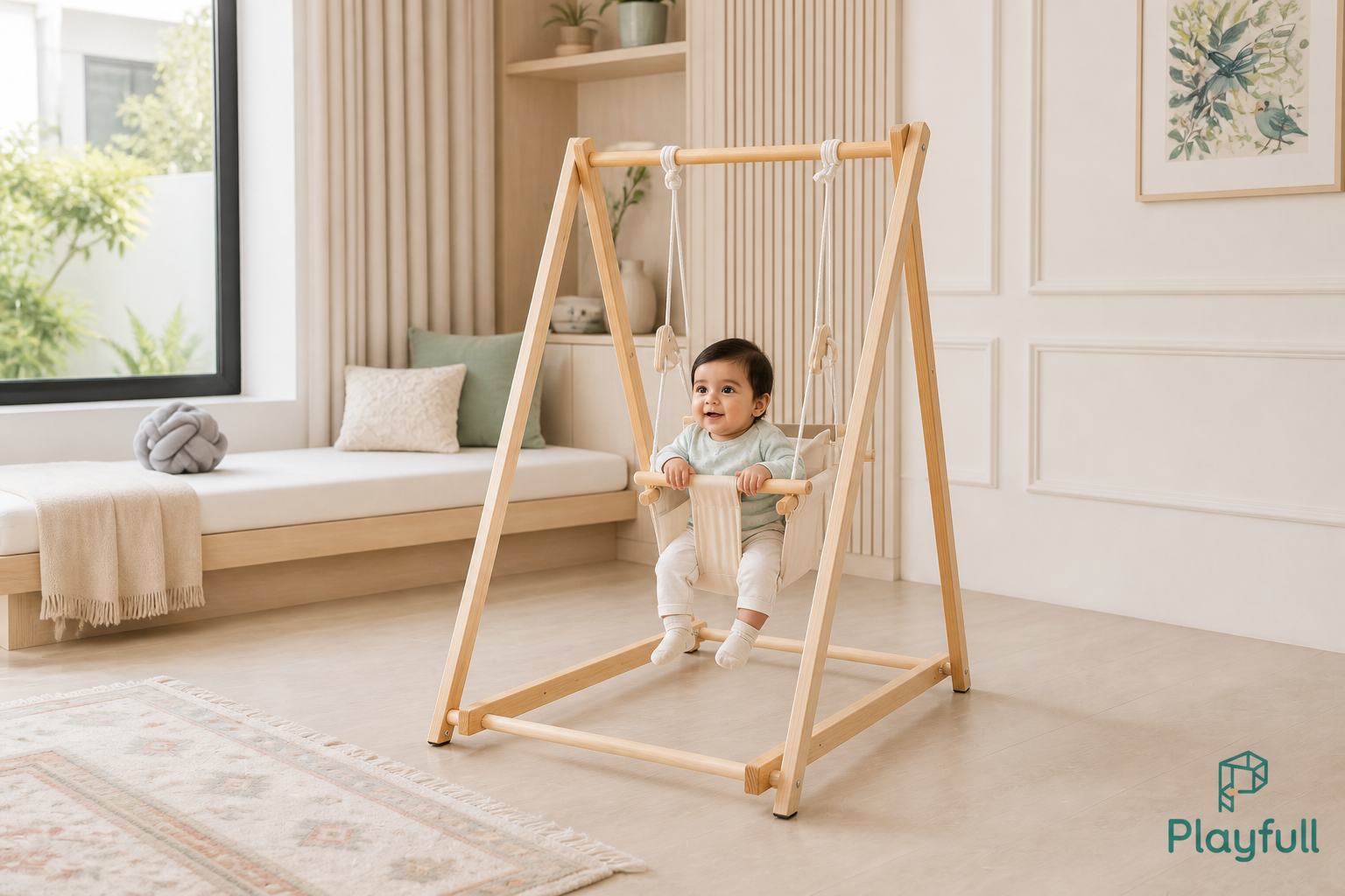 Playfull wooden baby swing with freestanding frame in a modern bedroom