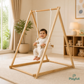 Playfull freestanding wooden baby swing with fabric safety seat in a bright playroom