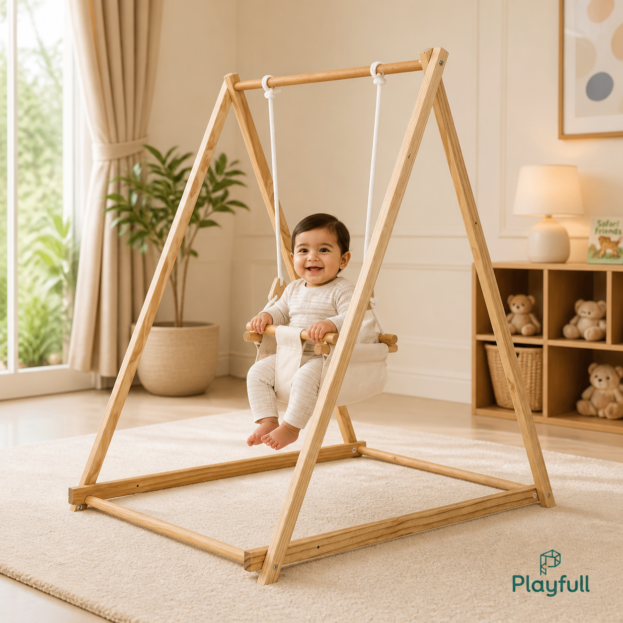 Playfull freestanding wooden baby swing with fabric safety seat in a bright playroom
