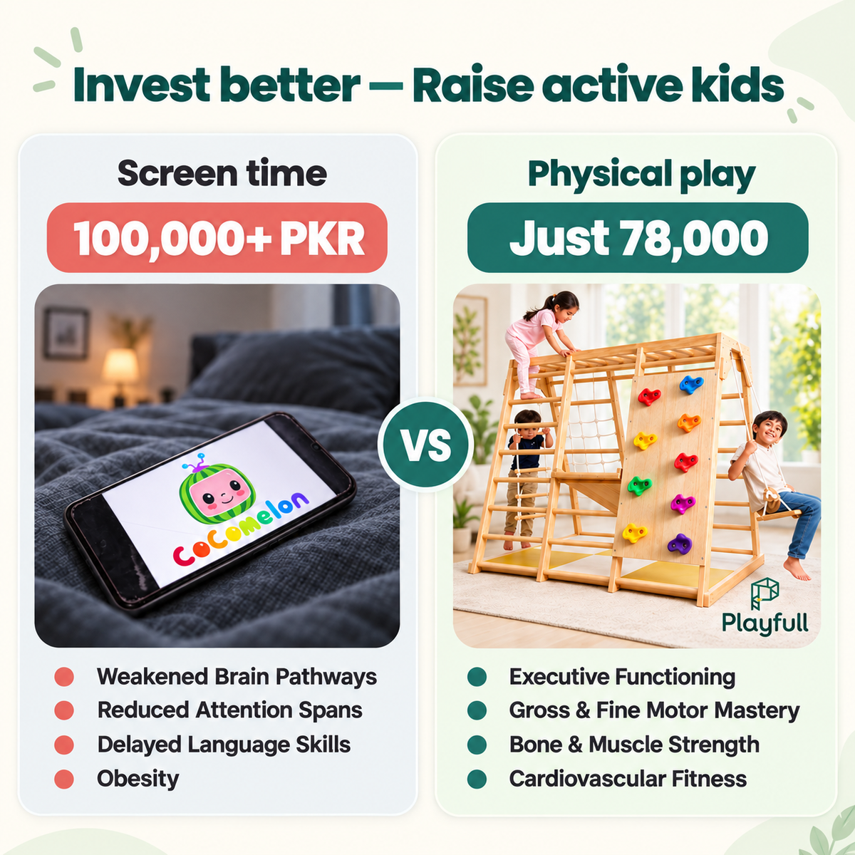 Playfull comparison graphic contrasting screen time with active physical play using the All-in-1 Mongolian Jungle Gym