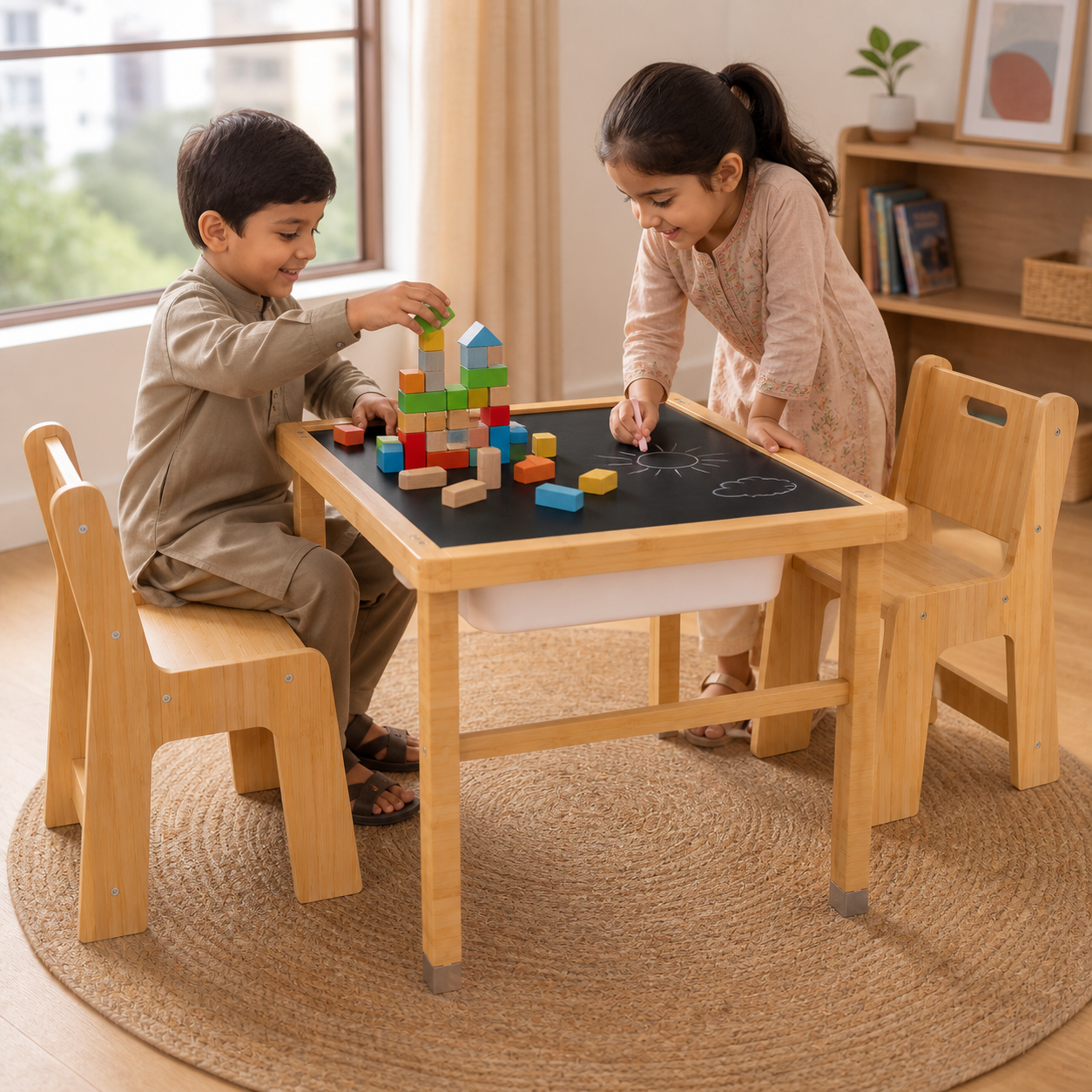 Pakistani children building blocks at the Playfull wooden activity table