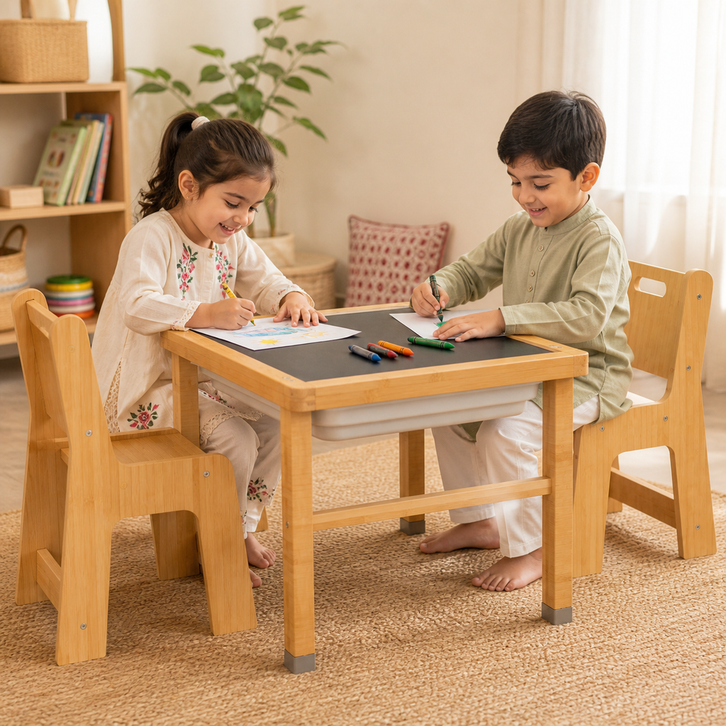 Pakistani children drawing at the Playfull wooden activity table and chair set