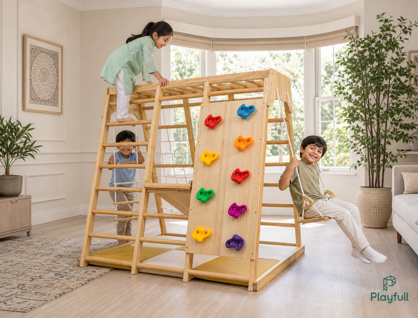 Children playing on the rock wall, swing and ladders of the Playfull wooden jungle gym