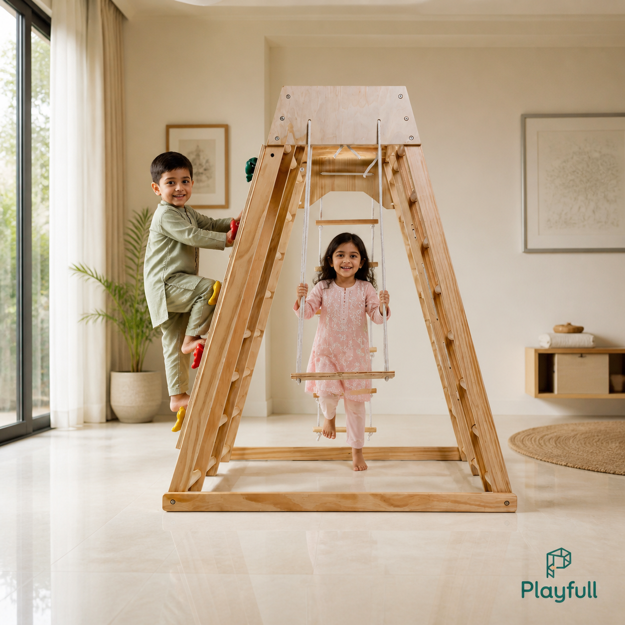 Side view of the Playfull Mongolian wooden jungle gym with swing and climbing wall