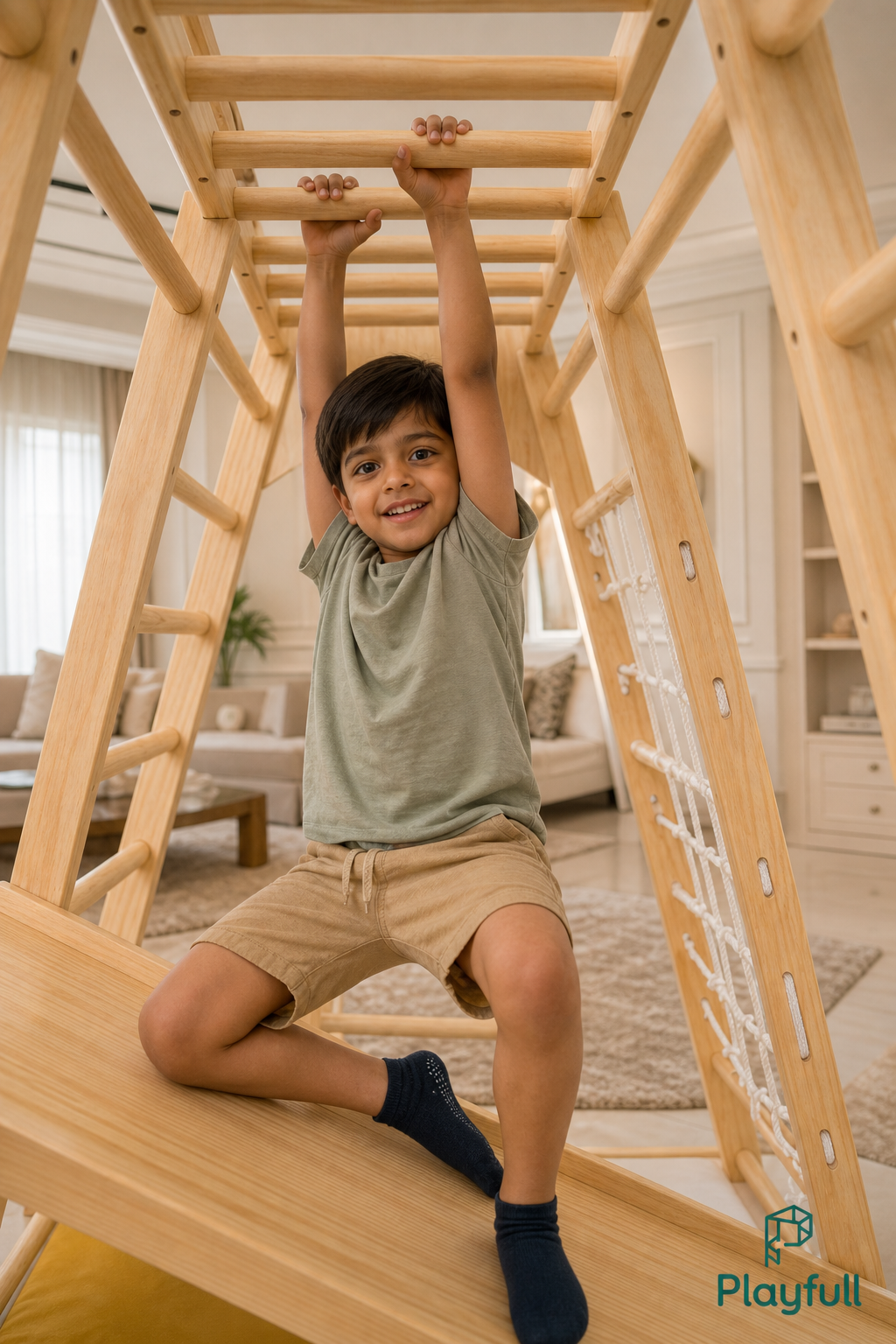 Child using the monkey bars on the Playfull wooden indoor jungle gym