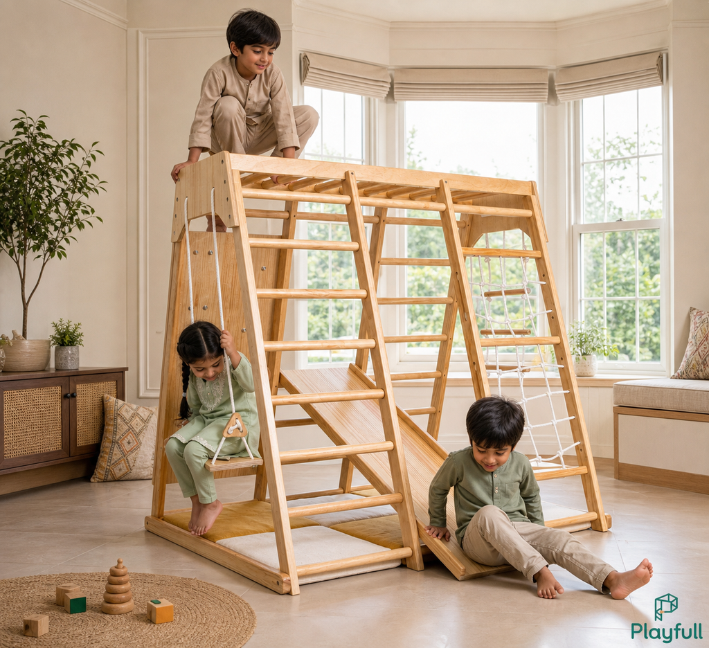 Playfull indoor activity playset with wooden slide, swing, ladders and cargo net
