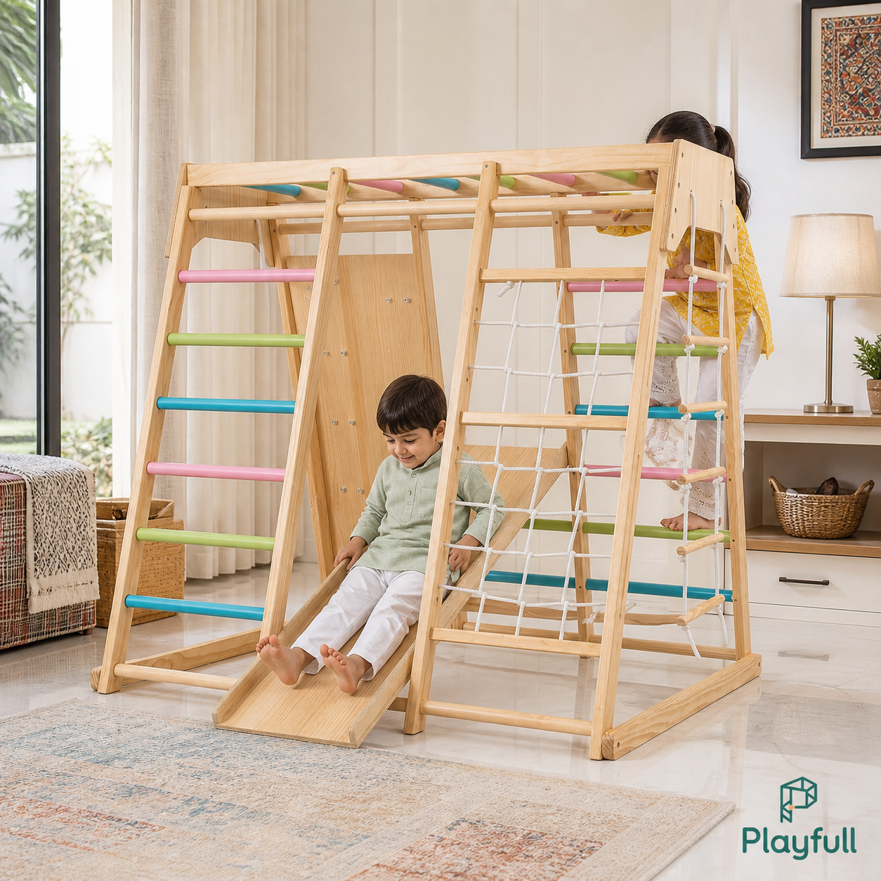 Playfull wooden indoor jungle gym with slide, cargo net and colourful climbing bars