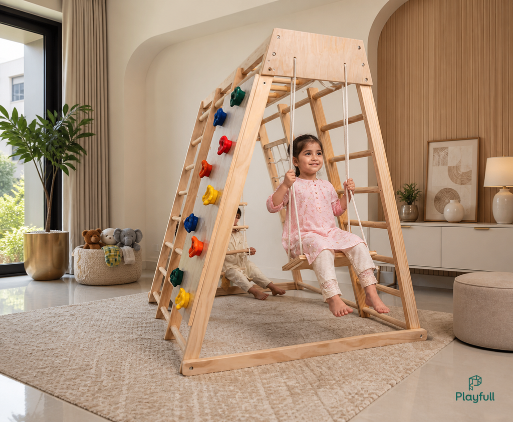 Child using the wooden swing on the Playfull indoor jungle gym