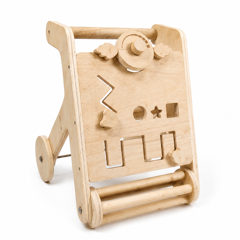 Playfull natural wooden Montessori activity walker on a clean white background