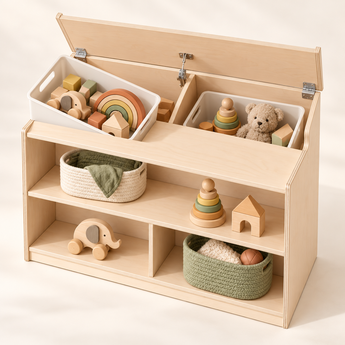 The Playshelf with rear hidden toy storage compartment open