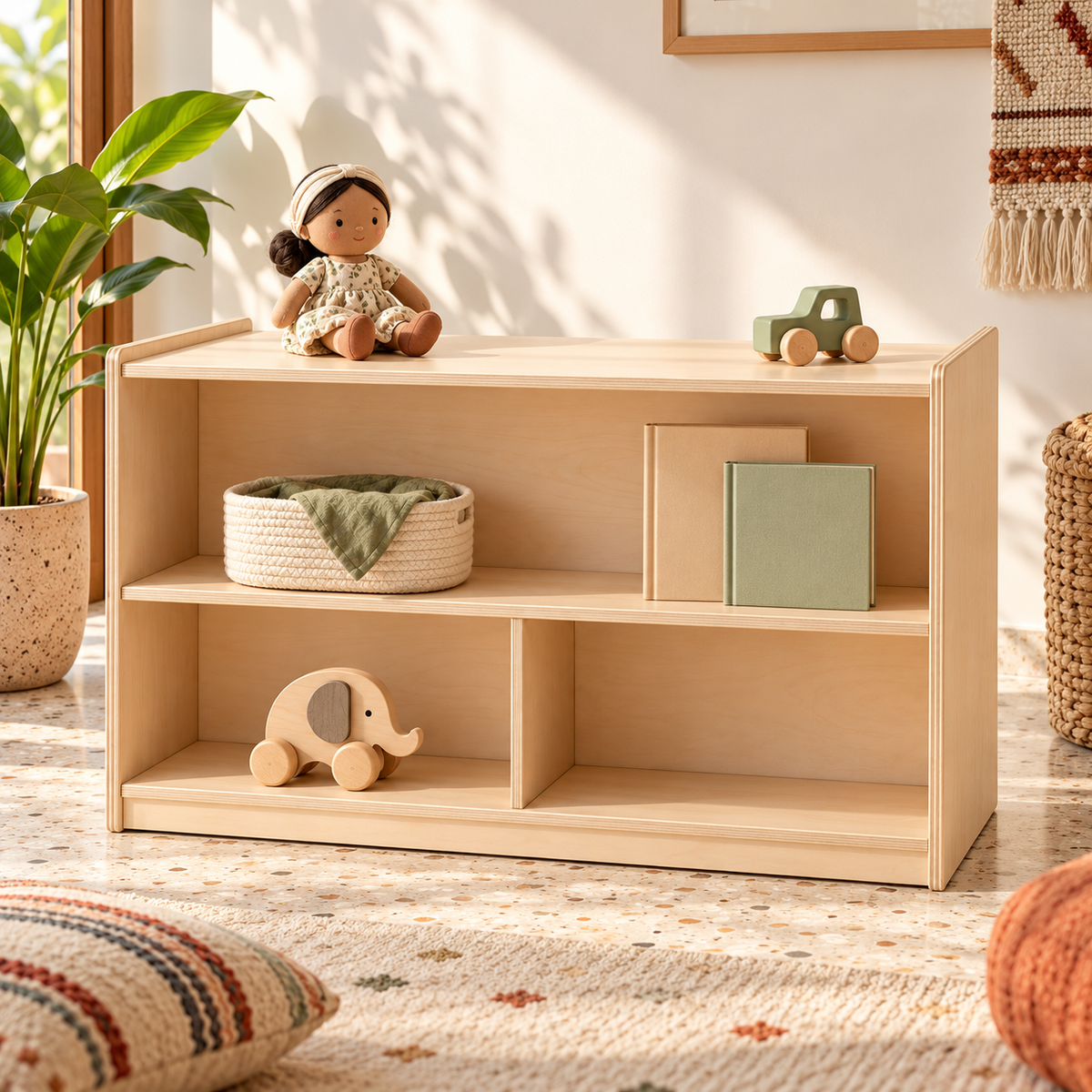 The Playshelf styled with toys and books in a Pakistani playroom