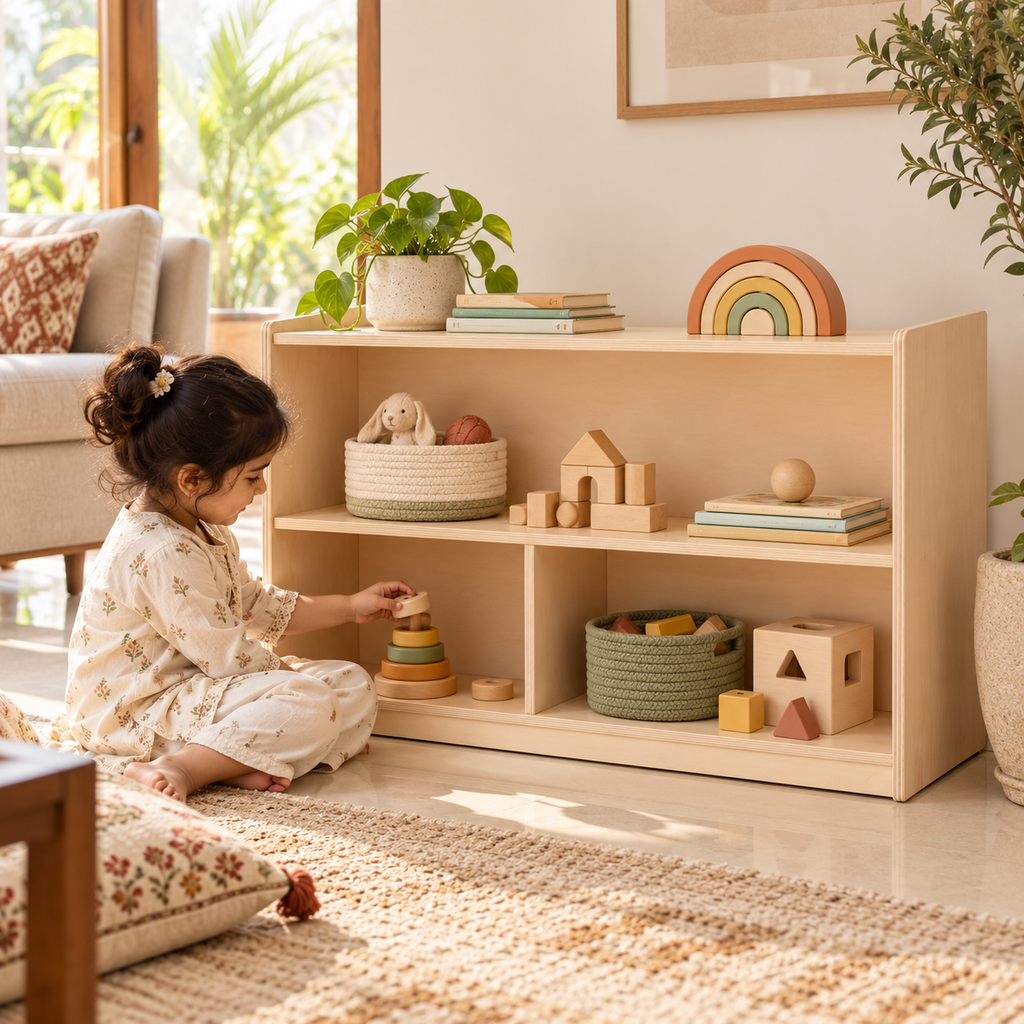 Pakistani child choosing a wooden toy from The Playshelf at home