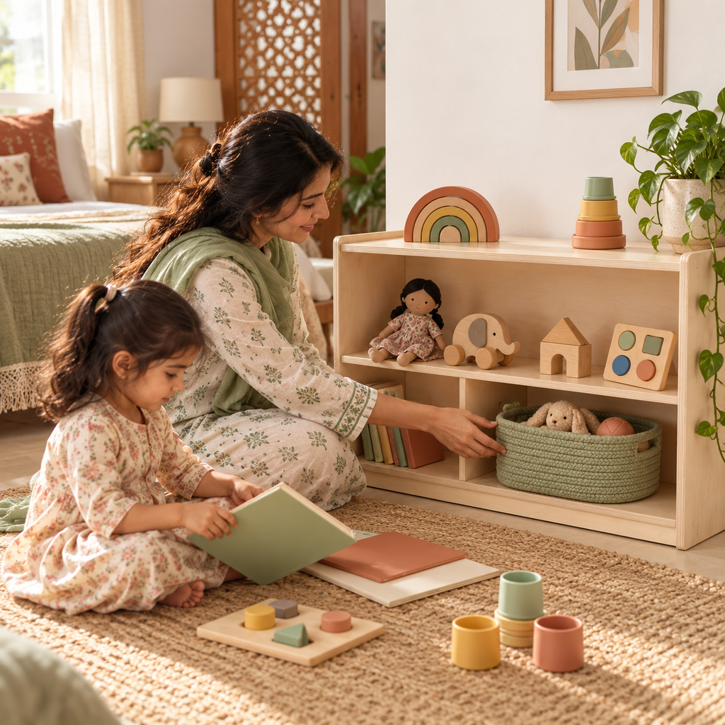 Pakistani mother and child organising books and toys on The Playshelf