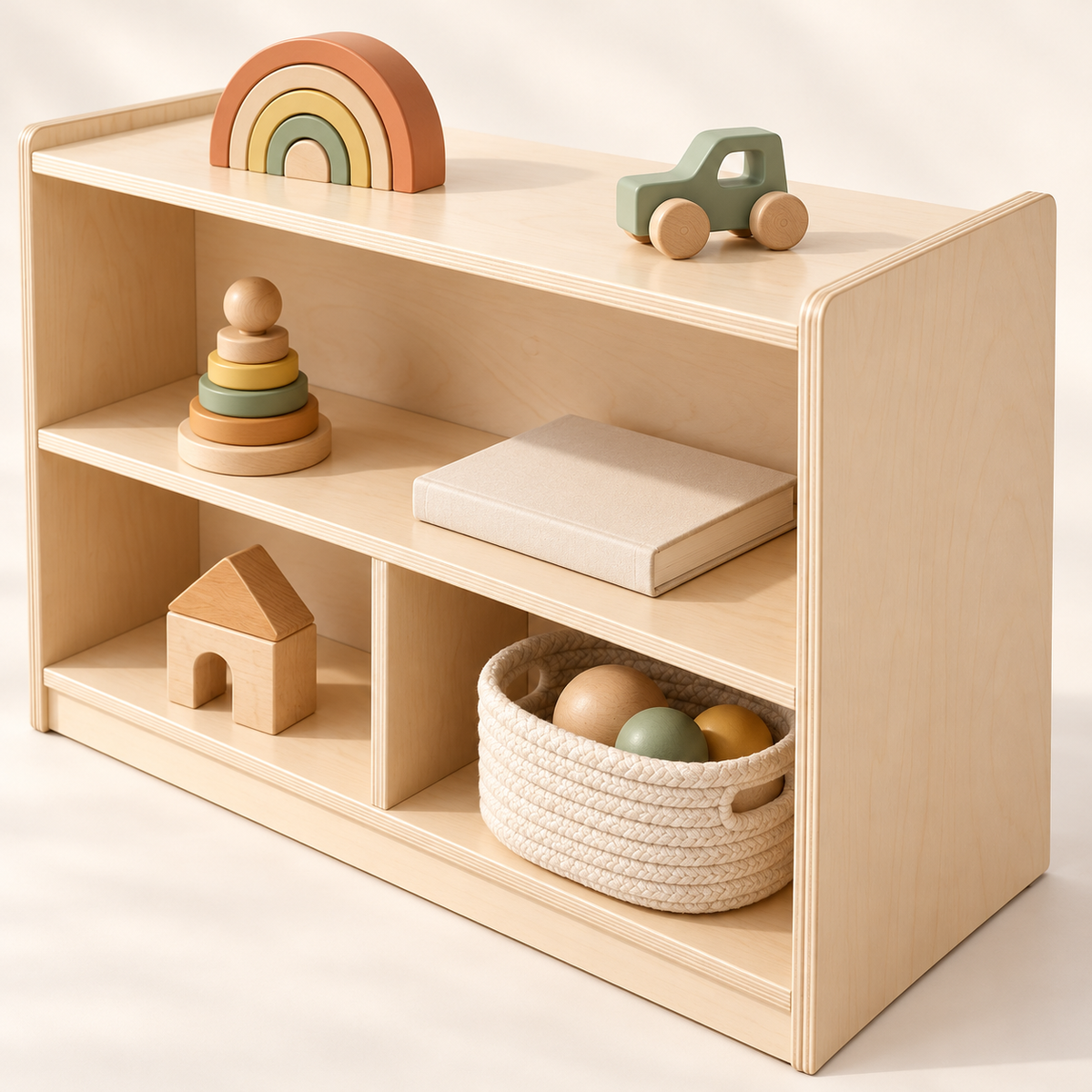Close detail of The Playshelf rounded sides and layered wooden edges