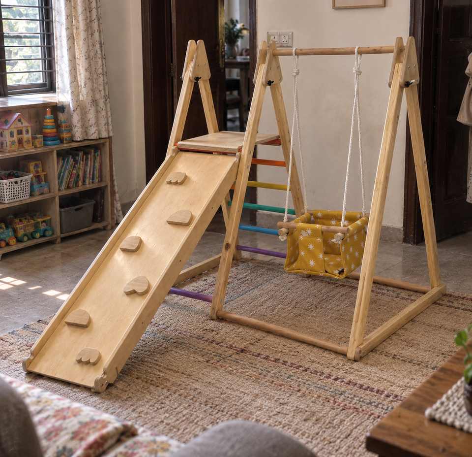 Customer photo of the Playfull 4-in-1 indoor play swing in a family home