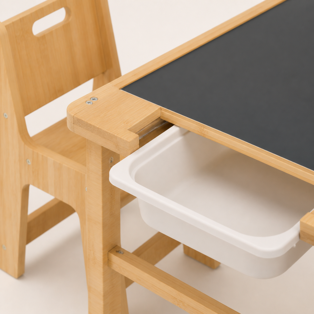 Playfull chalkboard tabletop and storage insert detail