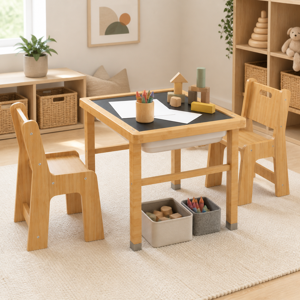 Playfull activity table arranged for drawing and screen-free play