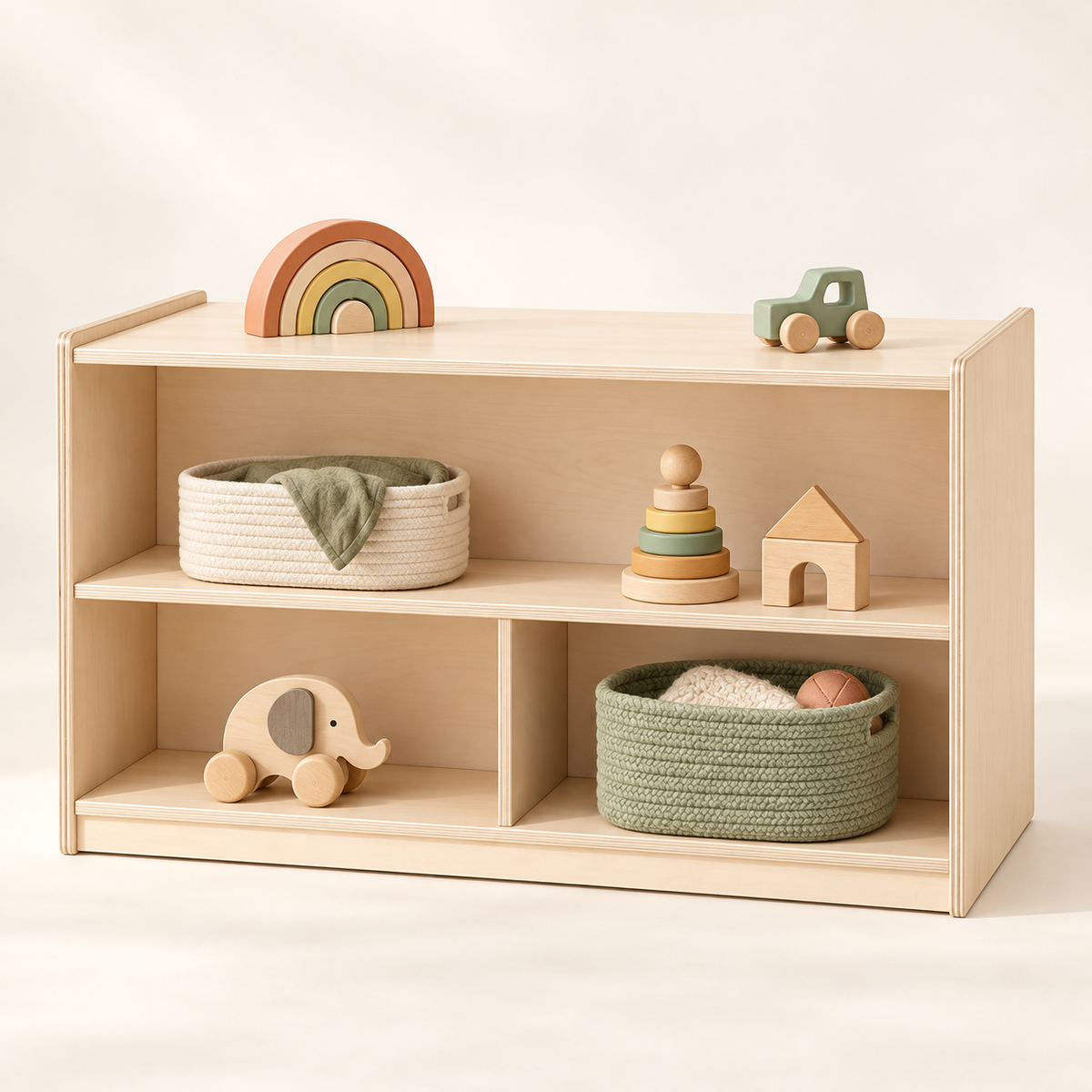 The Playshelf wooden Montessori-inspired toy storage shelf in natural finish