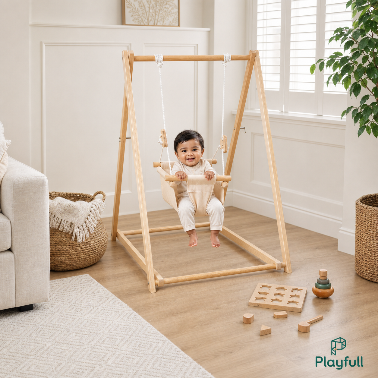 Baby enjoying the Playfull wooden indoor swing in a family playroom