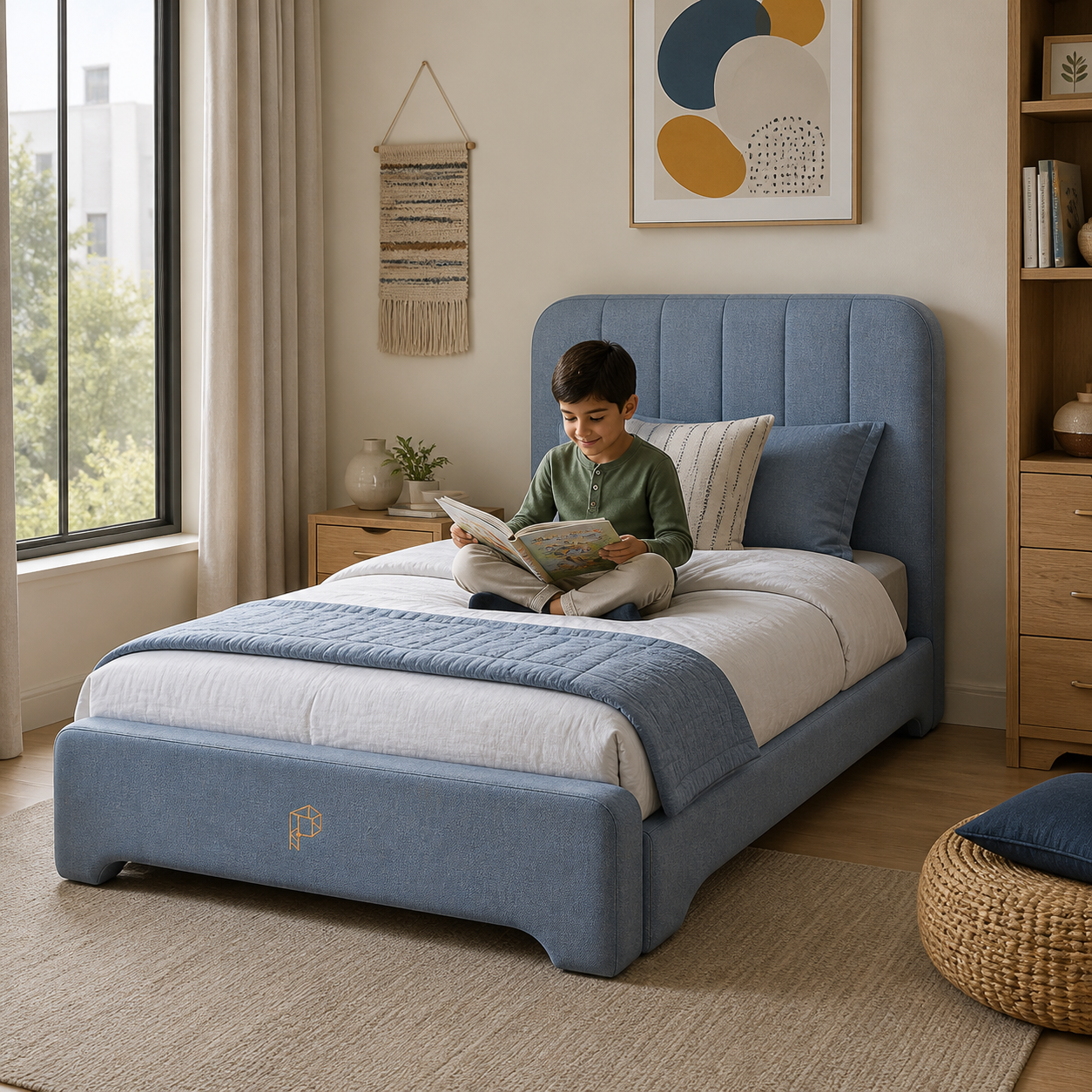 Playfull sky blue channel kids bed with a Pakistani child reading